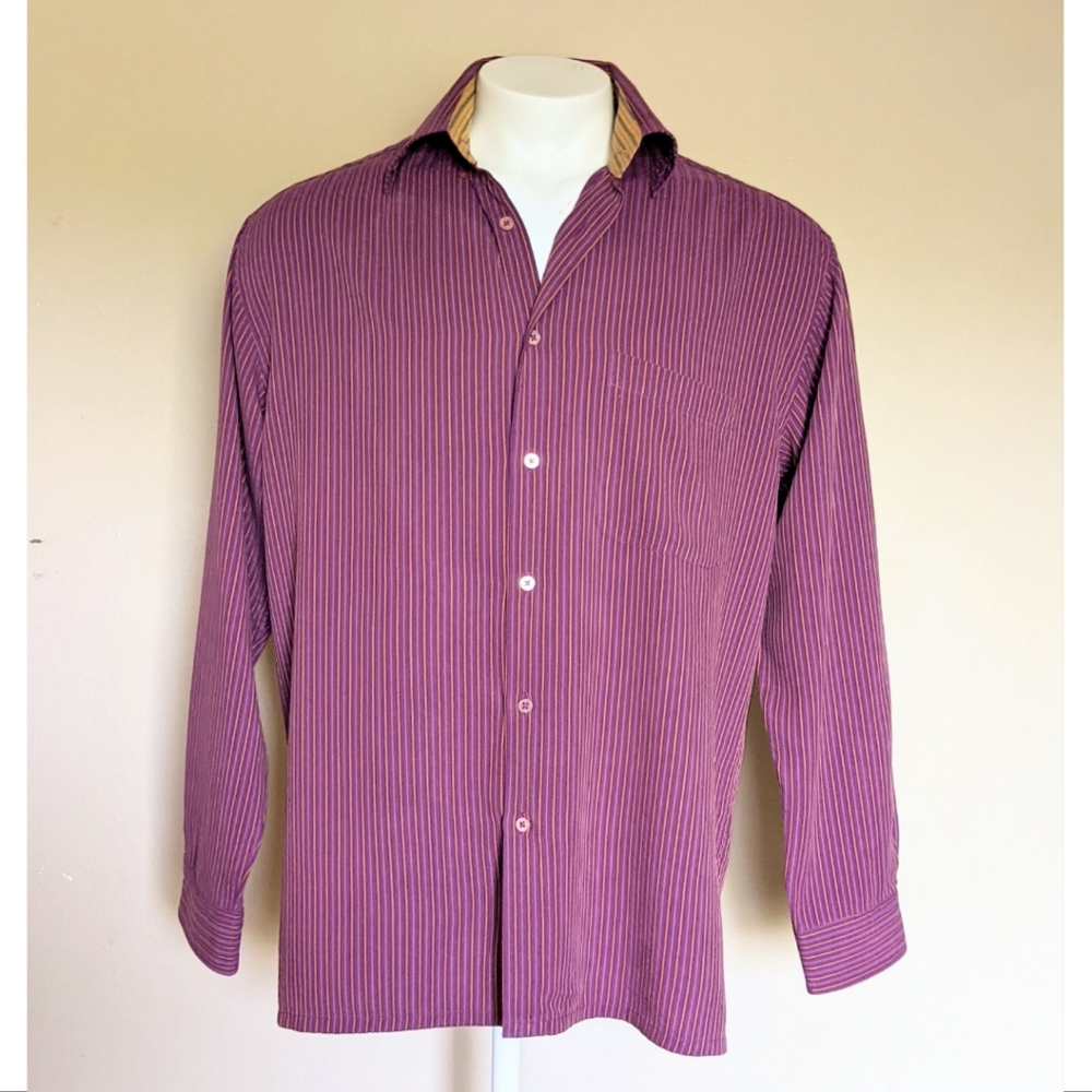 Bugatchi Men's Mauve/Mustard Striped Button-Down Long Sleeve Shirt